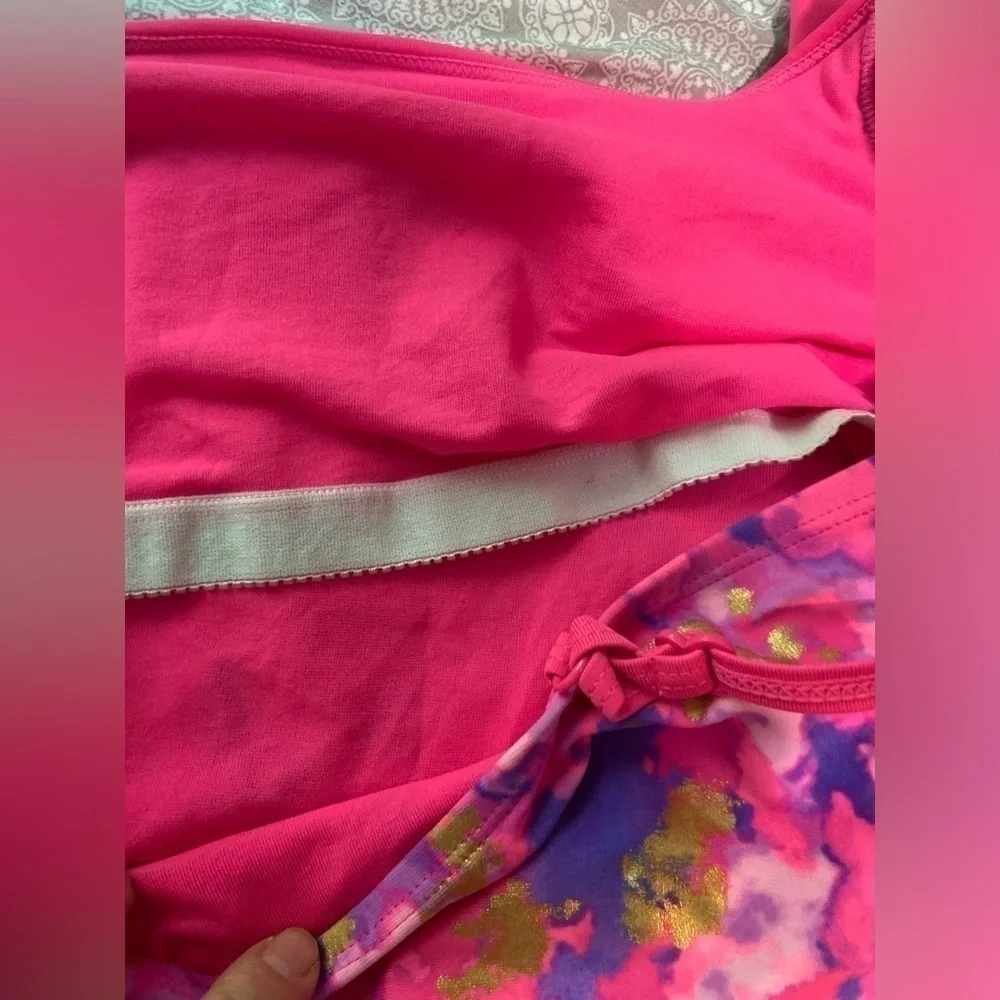 justice Sz 12 Plus Girls One Piece Bathing Suit Pink Purple Gold Swim Wear GUC